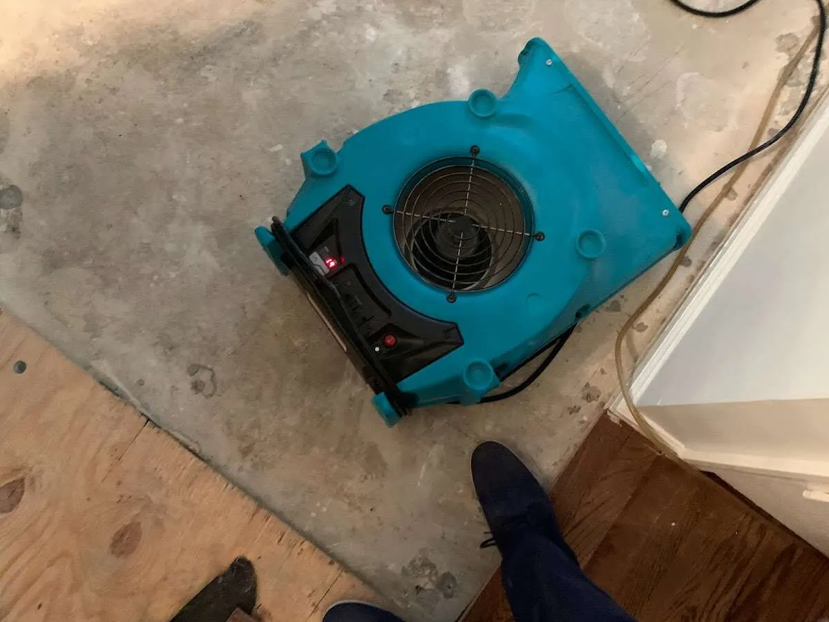 Air mover drying subfloor during Leak Detection & Repair in London